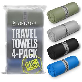 VENTURE 4TH - 4pcs Quick Dry Towels. Microfiber Travel Towels. Lightweight & Fast Drying Travel Towels for Body. Compact & Easy to Pack - 4 Pack Black Medium