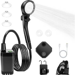 Camping Shower Set Type C Rechargeable Adjustable Angle Stepless Water Output Control Intelligent Digital Display Portable Shower Pump for Outdoor (9000mAh)