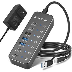 RSHTECH 7-Port Powered USB 3.2/USB C Hub Splitter with 3 10Gbps USB 3.2 Ports (2 USB-C + 1 USB-A),4 USB 3.0 Ports (2 USB-C + 2 USB-A), 3.3ft Cable, Touch Switches, and 5V Power Adapter for Laptop PC