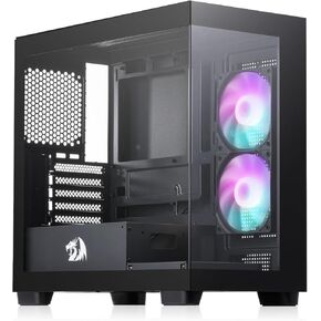 Redragon GC218M Gaming Back-Mounted PC Case, M-ATX Computer Chassis w/ 2 x 120mm Fans Pre-Installed & High Airflow Perforated Panels, 270° Full View, Easy Cable Management, Black