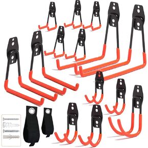16PCS Garage Hooks Heavy Duty, Steel Storage Utility Hook, Organization Tool Shelf Have Anti Slip Coating for Organizing Power or Garden Tools, Bike, Cable Organization, More Equipment