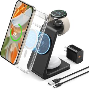 3 in 1 Magnetic Wireless Charger for Google Pixel Watch 3/2, Compatible with MagSafe, 15W Fast Charging Stand with Adapter for Pixel 9 Pro/XL/9/8 Pro/8a/8/7 Pro/7a/7/6/6 Pro, Pixel Buds Pro 2