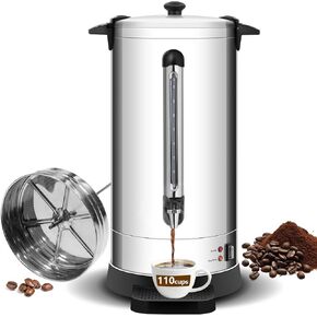 HOMOKUS Commercial Coffee Urn,16.5L Large Coffee Maker with Drip Tray,110 Cup Double Wall Stainless Steel Drink Coffee Dispenser,1500W Quick Brew Electric Coffee Percolator for Party Restaurant