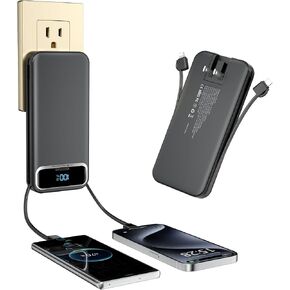 Portable-Charger Power-Bank with Built-in Cables & AC Wall Plug - 12000mAh PD 20W Fast Charging for iPhone,Samsung,Android, USB-C,Rechargeable External Battery Pack for Cell Phone,Type C,Travel Pink