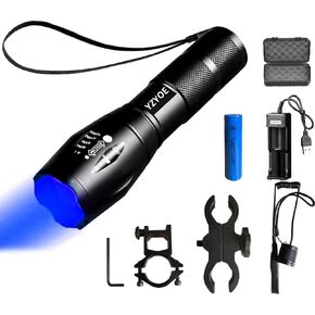 Rechargeable Blue Light Tactical Flashlight，600 Yard Blue Hunting Light Zoomable Flashlight Hog Predator Lights with Pressure Switch Universal Picatinny Rail Mount kit.