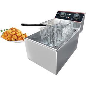 Commercial Deep Fryer, 12.6 QT Electric Deep Fryer with Double Basket and Lid, Stainless Steel Deep Fryer with Independent Temperature Control for Restaurant or Home Use, 1500W+1500W