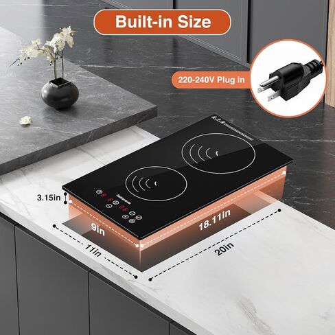 تحريض Cooktop 2 الموقد ، و 12 بوصة العداد الموقد والموقد الكهربائي المدمج ، والموقد الحث ، أعلى من الزجاج الخزفي مع قفل الطفل ، توقيت ، 1800 واط ، مع 220 فولت -240 فولت in Kuwait