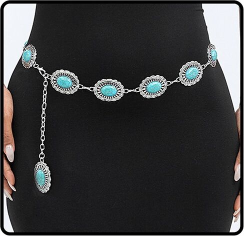 Navoky Turquoise Chain Belts Concho Belt Silver Metal Western Waist Chain Retro Boho Cowgirl Outfit Accessories for women in Kuwait