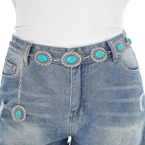 Navoky Turquoise Chain Belts Concho Belt Silver Metal Western Waist Chain Retro Boho Cowgirl Outfit Accessories for women in Kuwait