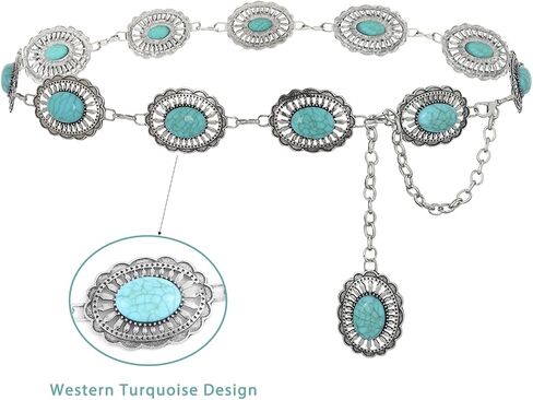 Navoky Turquoise Chain Belts Concho Belt Silver Metal Western Waist Chain Retro Boho Cowgirl Outfit Accessories for women in Kuwait
