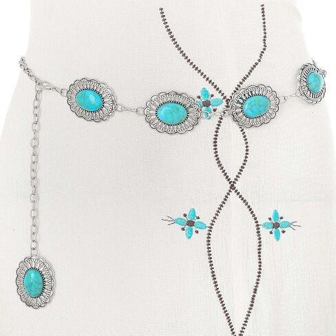 Navoky Turquoise Chain Belts Concho Belt Silver Metal Western Waist Chain Retro Boho Cowgirl Outfit Accessories for women in Kuwait