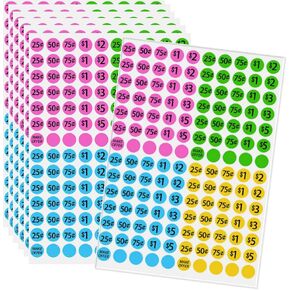 Garage Sale Stickers, 2380 Count Yard Sale Stickers Pre-Priced Price Stickers 3/4" Diameter Flea Market for Retail, Bright Neon Multicolored Colored (Pink/Green/Blue/Yellow)
