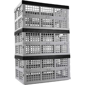 34 L Foldable Plastic Collapsible Crate, Stackable Storage Crate, 3 Packs