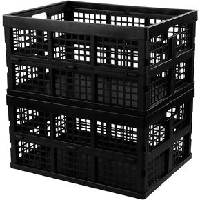 34 L Black Plastic Folding Storage Crates, Collapsible Crates, 2 Packs