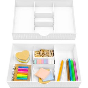 CAXXA 2 Pack 3 Slot Drawer Organizer with Two Adjustable Dividers - Junk Drawer Storage for Office Desk Supplies and Accessories, Black (2 Pack)