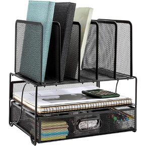 Amazon Basics Mesh Desk Organizer with Sliding Drawer, Double Tray and 5 Upright Sections, Black