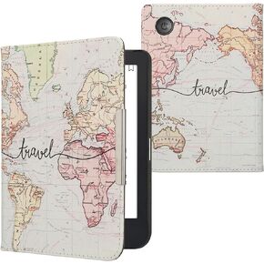 kwmobile Case Compatible with Kobo Clara 2E / Tolino Shine 4 Case - PU Cover w/Strap - Travel Black/Multicolor