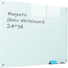 Magnetic Black Glass Board with Eraser Frameless Tempered Glass Dry Erase Blackboard with Marker Tray for Interactive Office, Wall Mounted Frosted Black Glass Board, 48" x 36"