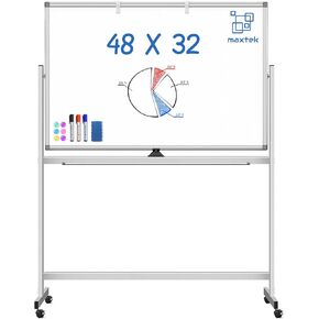 Large Rolling White Board, 48x32 in White Board on Wheels, maxtek Double-Sided Magnetic Mobile Whiteboard with Stand School Supplies for Classroom Office and Home, Sliver