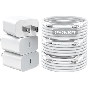 USB-C Fast Wall Charger for iPhone 15/15 Plus/15 Pro/15 Max, iPad Pro 12.9/11 Inch, iPad 10th, iPad Air 5/4, Mini 6th, [3Pack] 20W USB-C Fast Wall Charger with 10FT Long USB C to C Charger Cable