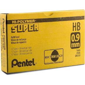 Pentel Super Hi-Polymer Lead, 0.9mm, Medium, HB, 30 Pieces/Tube, Box of 12 (C29-HB)