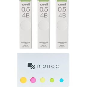 Uni Pencil Lead,"The Uni" Smudge-Proof Leads, 0.5mm 4B, 3 Pack &"monoc" Sticky Note(Japan Import)