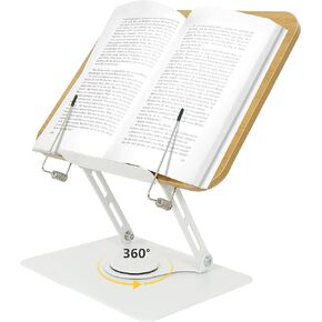 حامل كتب MNKXL للقراءة، حامل كتب قاعدة دوارة 360 درجة للقراءة بدون استخدام اليدين، حامل كتب الطبخ، حامل قاعدة ألومنيوم لوح خشبي لكتب الطبخ والكمبيوتر المحمول والكتب المدرسية