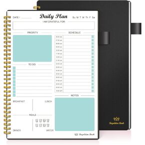 Daily Planner Undated, To Do List Notebook with Hourly Schedule Calendars Meal, Spiral Appointment Organizers Notebook for Man/Women, Pocket,Pen Loop, 160 Pages (7x10")