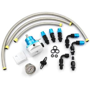 Adjustable Universal EFI Fuel Pressure Regulator Kit with 0-160psi Fuel Pressure Gauge and AN6-6AN Fuel Line Hose Fitting Connectors Kit (BLUE)