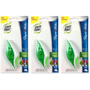 Paper Mate 660415 Liquid Paper DryLine Grip Correction Tape Dispenser, Pack of 3; Transparent Green Body; 1/5 inches Wide x 27.8 feet Long White Tape; Applies Dry, Rewrite Instantly; Swivel Tip