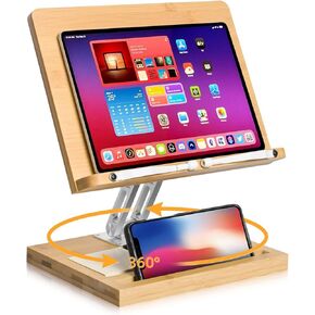 Book Stand 360 Degree, Adjustable Book Holder with 360° Swivel Base, Foldable Cookbook Stand Recipe Book Holder with Elastic Page Clips for Music Scores, Recipe, Tablet, Laptop, Textbook (M)