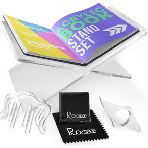 Clear Acrylic Book Stands for Display - Book Holders Stand - Cookbook Stand and Bible Stand- Set with 2 Book Clips - 1 Thumb Book Page Holder and 1 Microfiber Cloth Gifts