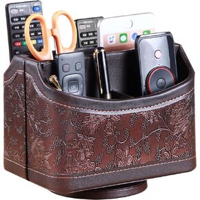 PUSU Leather 360°Rotatable Remote Control Holder,Nightstand TV Remote Caddy,Office Supplies Desktop Organizer,Spinning Storage Box for Pen,Mail,Phone,DVD, Blu-Ray, Media Player, Heater Controllers