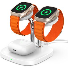 حامل شاحن مزدوج لساعة Apple، قاعدة شحن لاسلكية 3 في 1 متوافقة مع Apple Watch Ultra 2/9/8/7/6/5/3/2/SE، قاعدة شحن لاسلكية لـ Airpods Pro 2/3/2 ( أبيض)