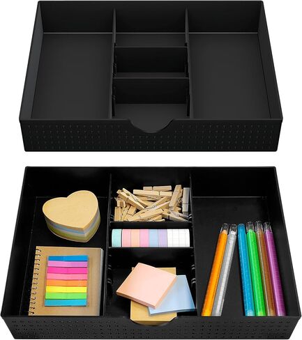 CAXXA 2 Pack 3 Slot Drawer Organizer with Two Adjustable Dividers - Junk Drawer Storage for Office Desk Supplies and Accessories, Black (2 Pack) in Saudi Arabia