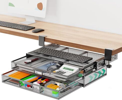 Verponity【Super Large Under Desk Drawer Storage 2 Layers, Hideable Sliding Rail Desk Organizers and Accessories Clamp-On,Mesh Metal Desk Organizer Slide out No Drills No Adhesive Installation… in Saudi Arabia