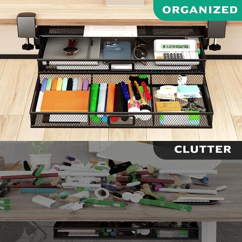 Verponity【Super Large Under Desk Drawer Storage 2 Layers, Hideable Sliding Rail Desk Organizers and Accessories Clamp-On,Mesh Metal Desk Organizer Slide out No Drills No Adhesive Installation… in Saudi Arabia