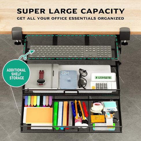 Verponity【Super Large Under Desk Drawer Storage 2 Layers, Hideable Sliding Rail Desk Organizers and Accessories Clamp-On,Mesh Metal Desk Organizer Slide out No Drills No Adhesive Installation… in Saudi Arabia