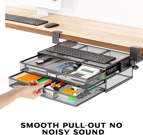 Verponity【Super Large Under Desk Drawer Storage 2 Layers, Hideable Sliding Rail Desk Organizers and Accessories Clamp-On,Mesh Metal Desk Organizer Slide out No Drills No Adhesive Installation… in Saudi Arabia