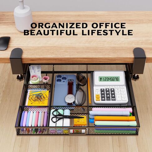 Verponity【Super Large Under Desk Drawer Storage 2 Layers, Hideable Sliding Rail Desk Organizers and Accessories Clamp-On,Mesh Metal Desk Organizer Slide out No Drills No Adhesive Installation… in Kuwait