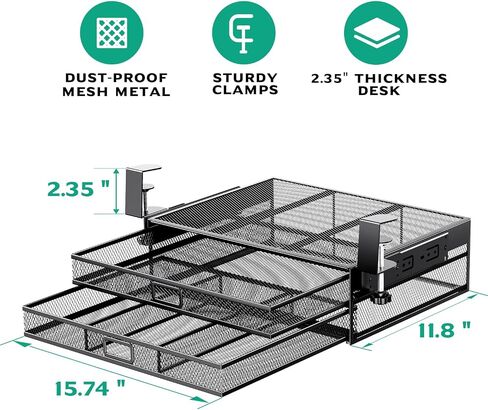 Verponity【Super Large Under Desk Drawer Storage 2 Layers, Hideable Sliding Rail Desk Organizers and Accessories Clamp-On,Mesh Metal Desk Organizer Slide out No Drills No Adhesive Installation… in Saudi Arabia