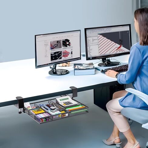 Verponity【Super Large Under Desk Drawer Storage 2 Layers, Hideable Sliding Rail Desk Organizers and Accessories Clamp-On,Mesh Metal Desk Organizer Slide out No Drills No Adhesive Installation… in Kuwait