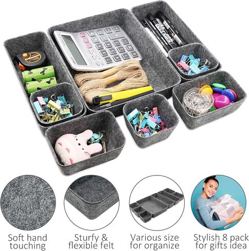 Felt Drawer Organizer Tray, 8 Pack Shallow Desk Drawer Organizer, Save Desk Space Dividers Box for Office Gadgets and Jewelry Storage (Gray) in Kuwait