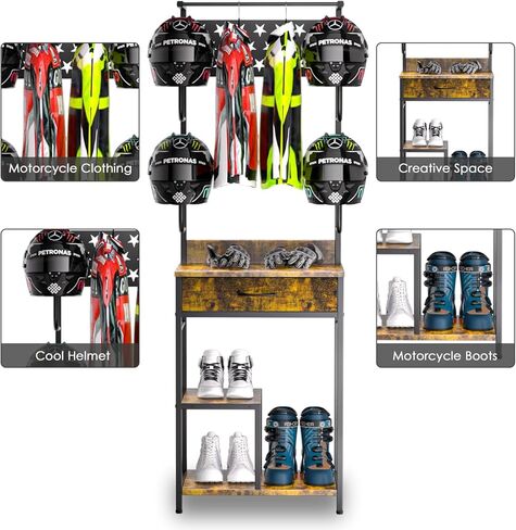 Motorcycle Helmet Holder,Large Standing Helmet Holder,with Drawer Motorcycle Helmet Rack,Helmet Rack is Suitable for Storing Motorcycle Accessories,Helmet Stand 22.04" Lx15.74 Wx66.92 H in Kuwait