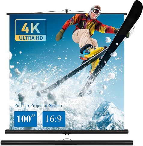 شاشة عرض مع حامل، شاشة عرض محمولة 100 بوصة، 16:9، شاشة عرض قابلة للسحب، 4K، إمكانية إسقاط قصير للغاية، قابلة للسحب، مثالية للمسرح المنزلي، الفناء الخلفي/الأفلام الخارجية. in Kuwait
