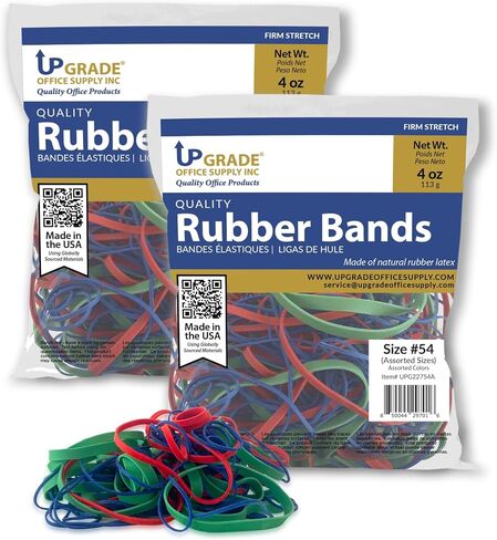 Upgrade Office Supply UPG22754APK2 Rubber Bands, Size #54 (Assorted Sizes), 4 oz. Bags (2 Pack) Bag, Red, Blue, and Green, Made in USA in Saudi Arabia