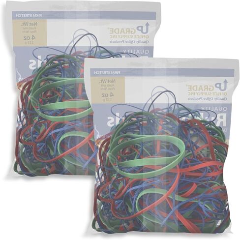 Upgrade Office Supply UPG22754APK2 Rubber Bands, Size #54 (Assorted Sizes), 4 oz. Bags (2 Pack) Bag, Red, Blue, and Green, Made in USA in Saudi Arabia