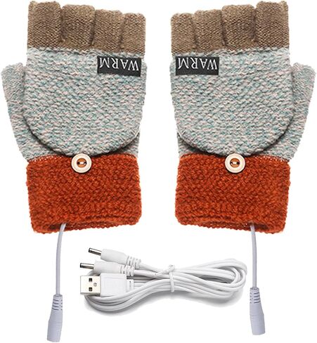 Women's & Men's USB Heated Gloves MittenFull & Half Heated Fingerless Pattern Knitting Hands Warmer Laptop Gloves USB Heating Winter Gloves Brick red in Saudi Arabia
