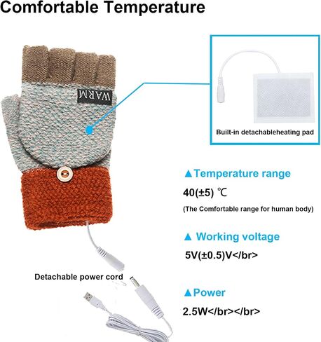Women's & Men's USB Heated Gloves MittenFull & Half Heated Fingerless Pattern Knitting Hands Warmer Laptop Gloves USB Heating Winter Gloves Brick red in Saudi Arabia