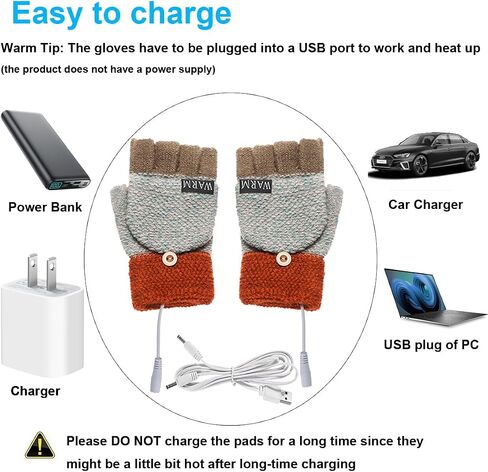 Women's & Men's USB Heated Gloves MittenFull & Half Heated Fingerless Pattern Knitting Hands Warmer Laptop Gloves USB Heating Winter Gloves Brick red in Saudi Arabia